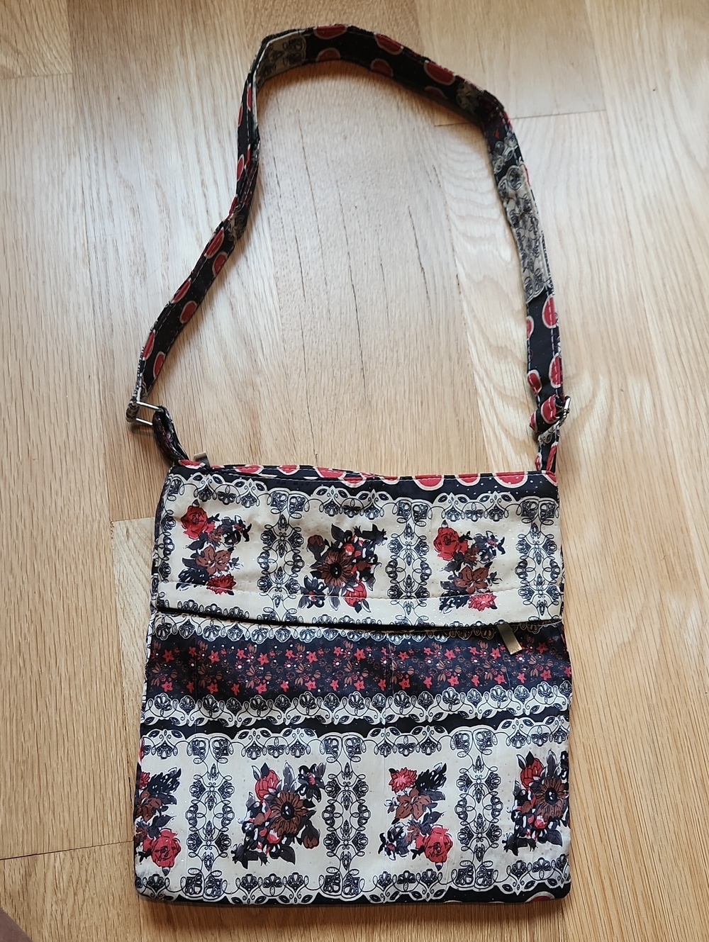 Floral Cream and Red Crossbody Bag with Adjustable Strap